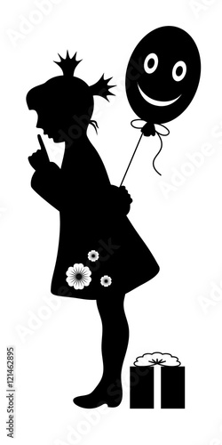 A little girl with balloon and box (gift). Black and white silhouette for designing greeting cards, birthday cards.