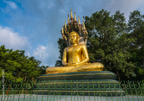 Golden Buddha with a naga in Wat Chak Yai Chanthaburi, Thailand.