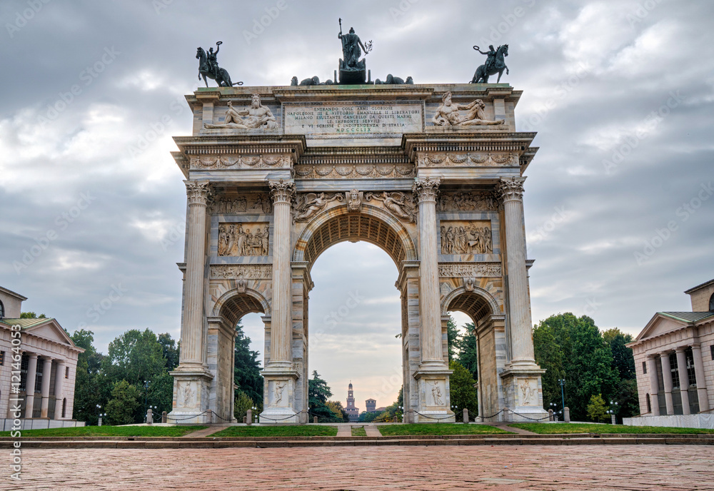Milan, Italy: Arch of Peace (Arco della Pace) and the Sforza Castle (Castello Sforzesco) in the background