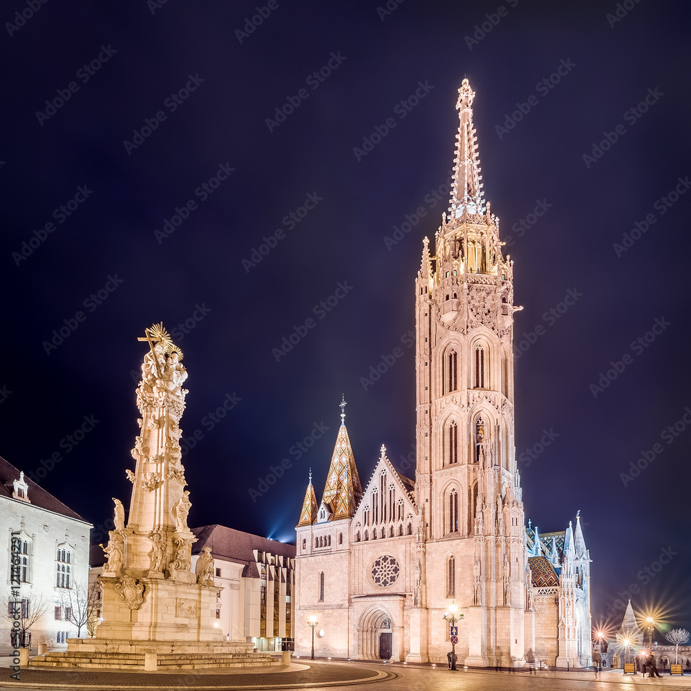 Matthias Church and Statue of Holy Trinity in Budapest, Hungary.