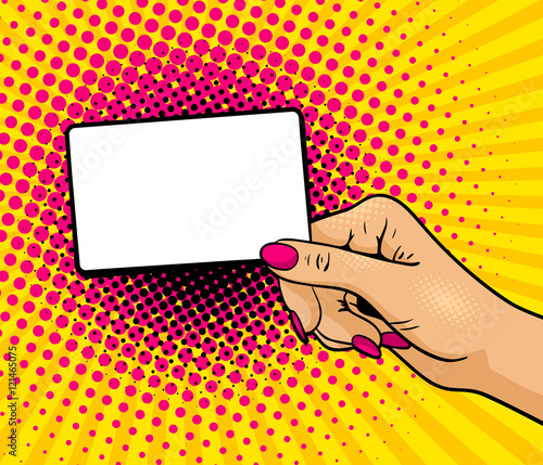 Pop art background with female hand holding empty card for your offer. Vector colorful hand drawn illustration in retro comic style.