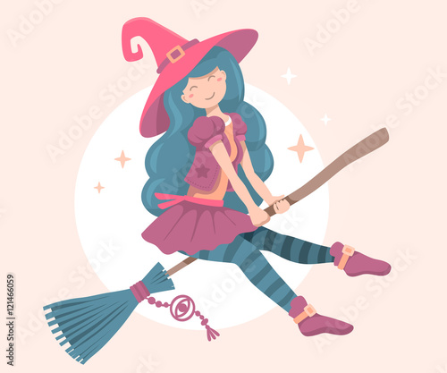Vector colorful halloween illustration of witch character with h