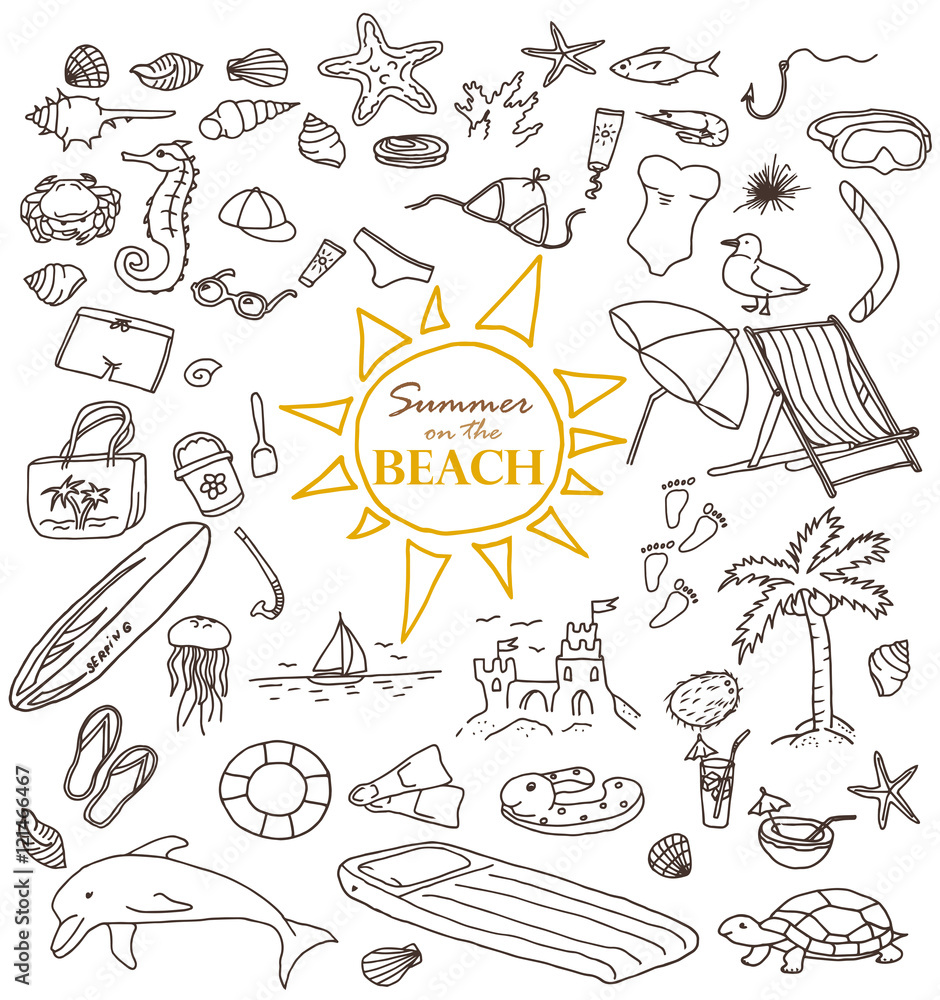 Hand-drawn doodles of the summer on the beach objects: water, surfing, cream, swimming, cap, crab, jellyfish, dolphin. Line art illustrations.