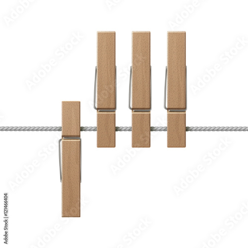Vector Wooden Clothespins Pegs on Rope Side View Close up Isolated on White Background