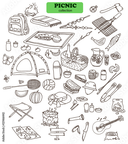 Collection of the picnic doodles, different objects: tent, food, meat and vegetables, different tools and instruments, barbecue, games etc. Line art illustrations.