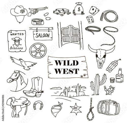 Hand-drawn doodles of the wild west objects: revolver, cowboy, money, horse, dynamite, lasso, sheriff, desert, landscape, cactus, alcohol, wanted, eagle, wheel, saloon. Line art illustrations.