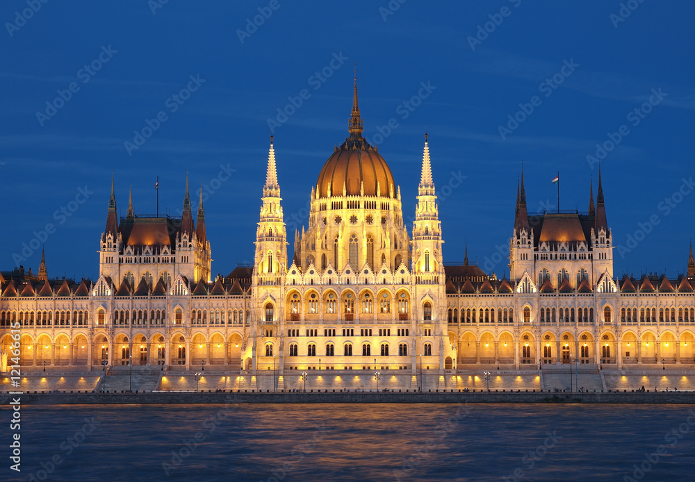 The Parliament of Hungary building in Budapest by night