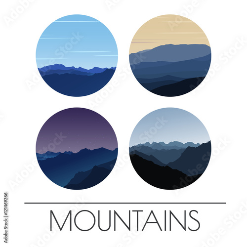 Set of vector icons - mountains landscape. Illustration of smoky mountains.