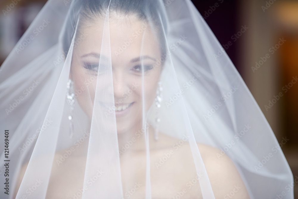Beauty bride in bridal gown with lace veil indoors. Beautiful model girl in a white wedding dress. Female portrait of cute lady. Woman with hairstyle Beauty bride in bridal gown with lace veil indoors. Beautiful model girl in a white wedding dress. Female portrait of cute lady. Woman with hairstyle