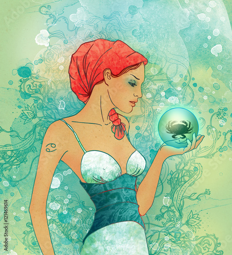 Illustration of cancer astrological sign as a beautiful girl