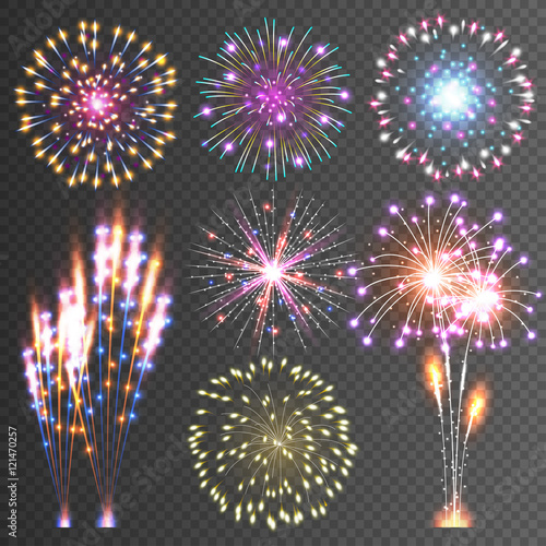 Festive Firework. Abstract Vector Pictograms. Dazzling Light up the sky. Icons on a black Background photo