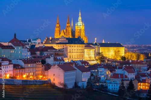 Fotografie Prague Castle, Hradcany and Little Quarter in old town at night of Prague, Czech