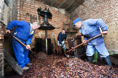 Φωτογραφία farmers making wine  in traditional winepress  in  Villarejo de Orbigo, Leon , S