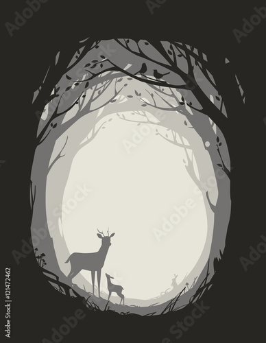 natural background with trees, plants, deer, rabbit and birds. vector illustration