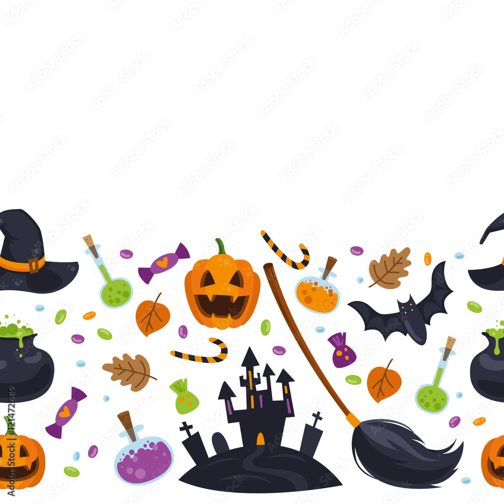Naklejka premium Vector horisontal seamless pattern for Halloween in cartoon style