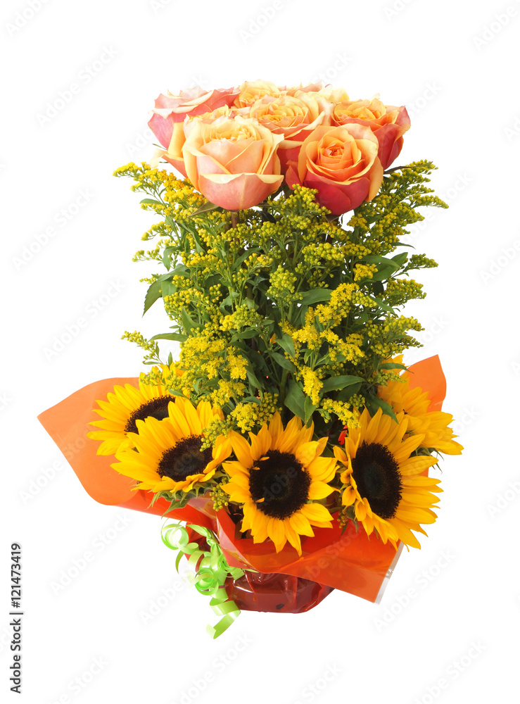 Fototapeta premium Floral arrangement with roses and sunflowers on white background