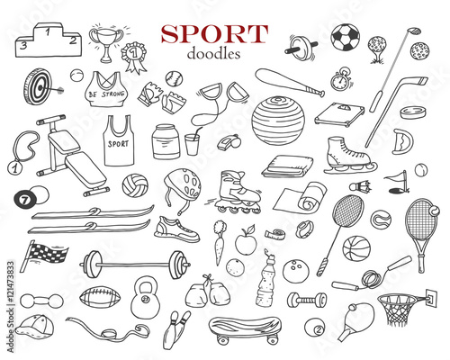Hand-drawn doodles of the sport objects: football, basketball, golf, skates, racket, boxing gloves, rollers, skates, baseball, skis etc. Line art illustrations.