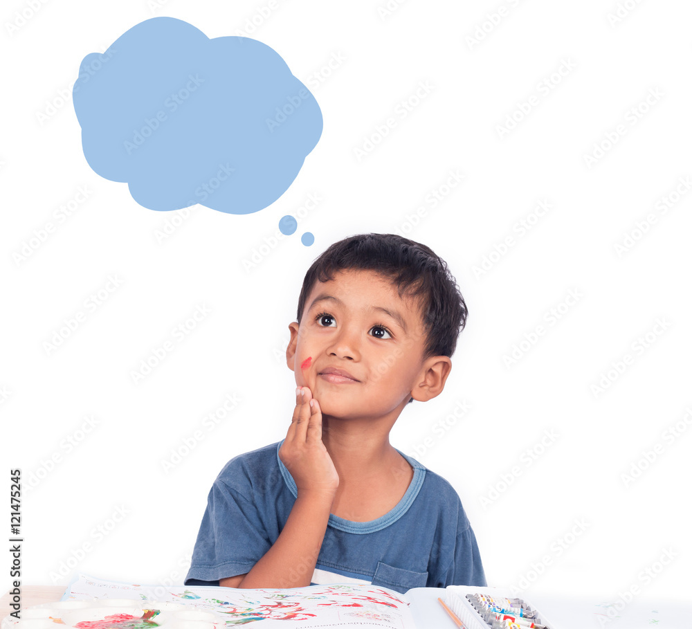Cute little boy thinking while doing homework Cute little boy thinking while doing homework