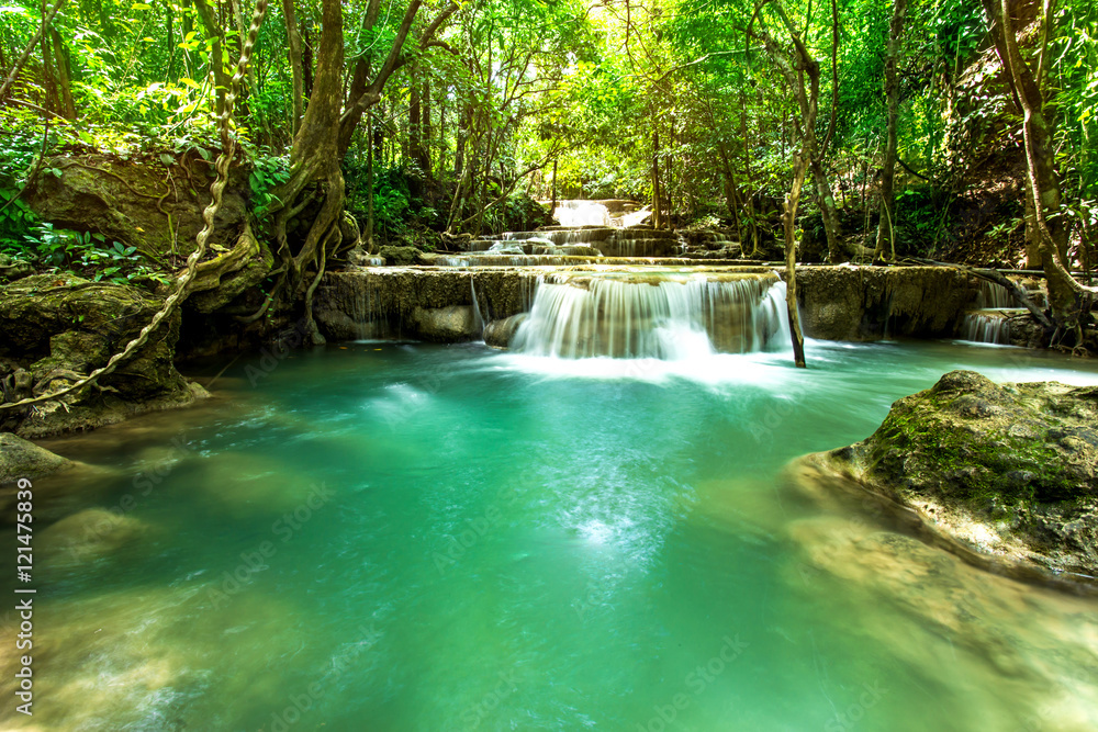 waterfall on day noon light in green tropical forest, waterfall on day noon light in green tropical forest,