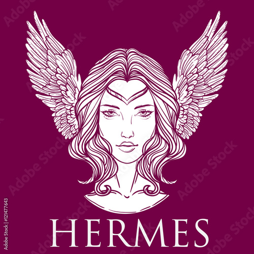 Vector illustration of the Greek god Hermes in the form of a woman. The girl goddess, Mercury with wings. Hand-drawn vintage linear tattoo design. Isolated vector art.