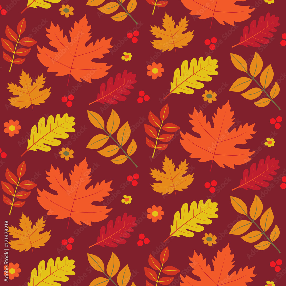 Obraz premium Seamless autumn vector texture with leaves of maple, oak. Pattern for background, wallpaper, web, print, cloth, fabric