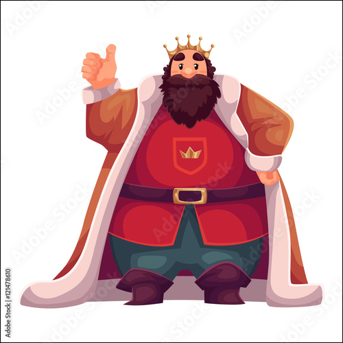 king wearing crown and mantle, cartoon vector illustration isolated in white background. king tall and fat old white skinned, kind and happy
