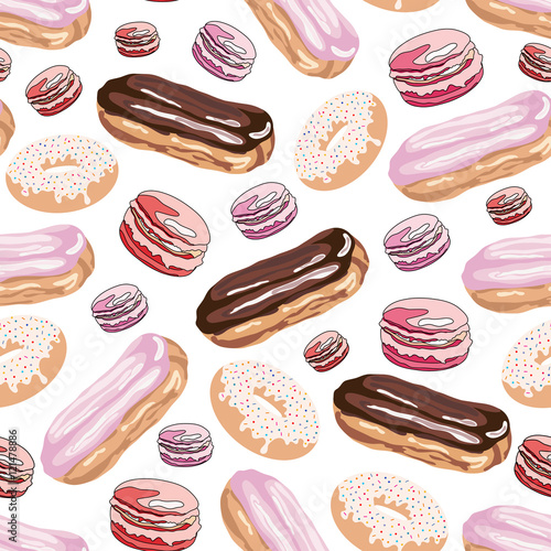 Seamless pattern with eclair and doughnut.Sweet vector print.Colorful background