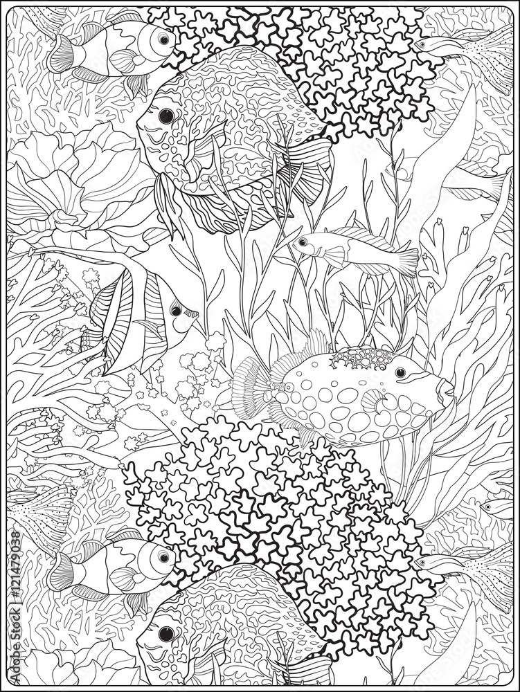 Naklejka premium Pattern with decorative corals and sea or aquarium fish. Anti stress coloring book for adult. Outline drawing coloring page.