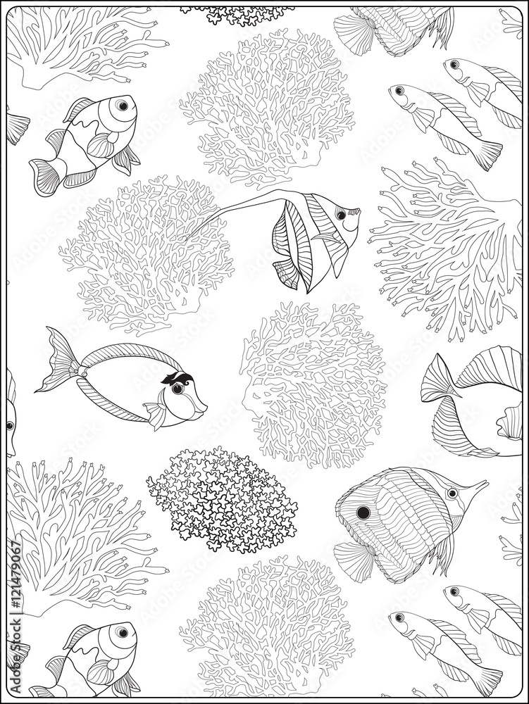 Naklejka premium Pattern with decorative corals and sea or aquarium fish. Anti stress coloring book for adult. Outline drawing coloring page.
