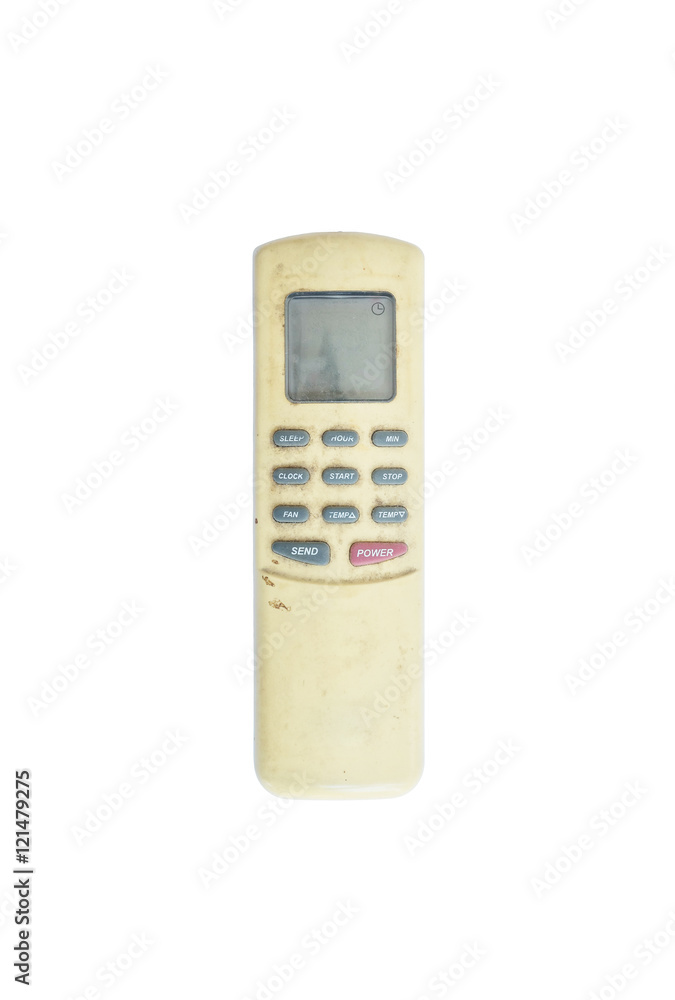 Closeup old and dirty remote for air conditioner isolated on white background with clipping path Closeup old and dirty remote for air conditioner isolated on white background with clipping path
