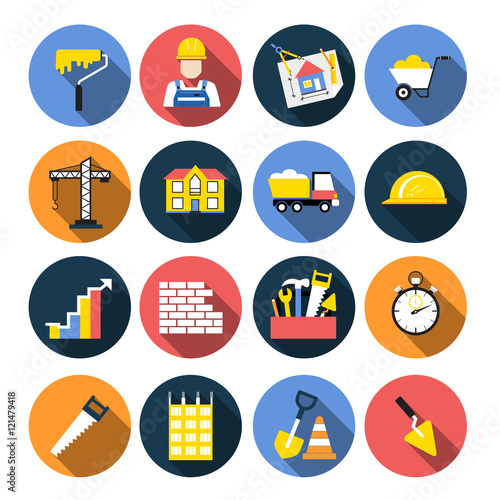 Set of construction icons in flat design with long shadows