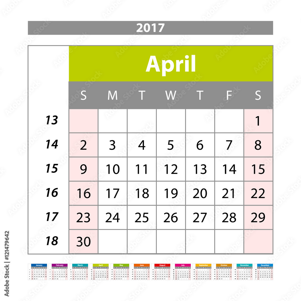 Simple digital calendar for april 2017. Vector printable calendar. Monthly scheduler. Week