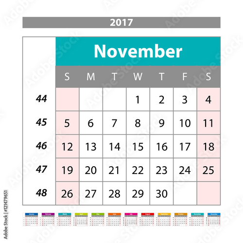 Desk Calendar for 2017 Year. November. Vector Design Print Template with Place for Photo. Week Starts Monday