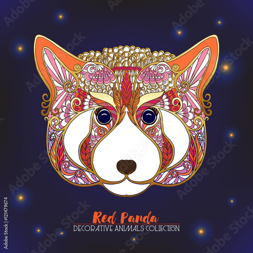 Fototapeta Naklejka Na Ścianę i Meble -  Ethnic patterned ornate hand drawn head of red panda. 
