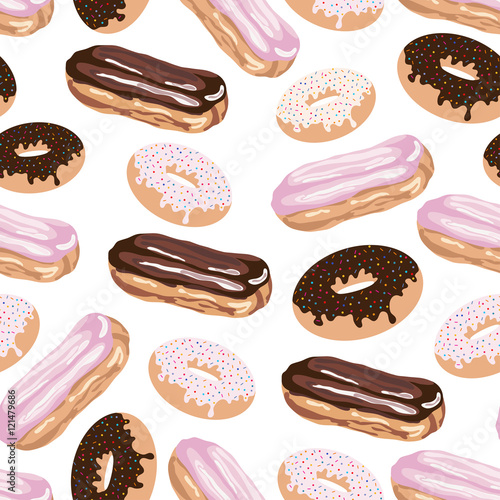 Seamless pattern with eclair and doughnut.Sweet vector print.Colorful background