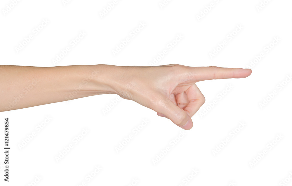 Close up woman hand pointing. Isolated on white background. Close up woman hand pointing. Isolated on white background.