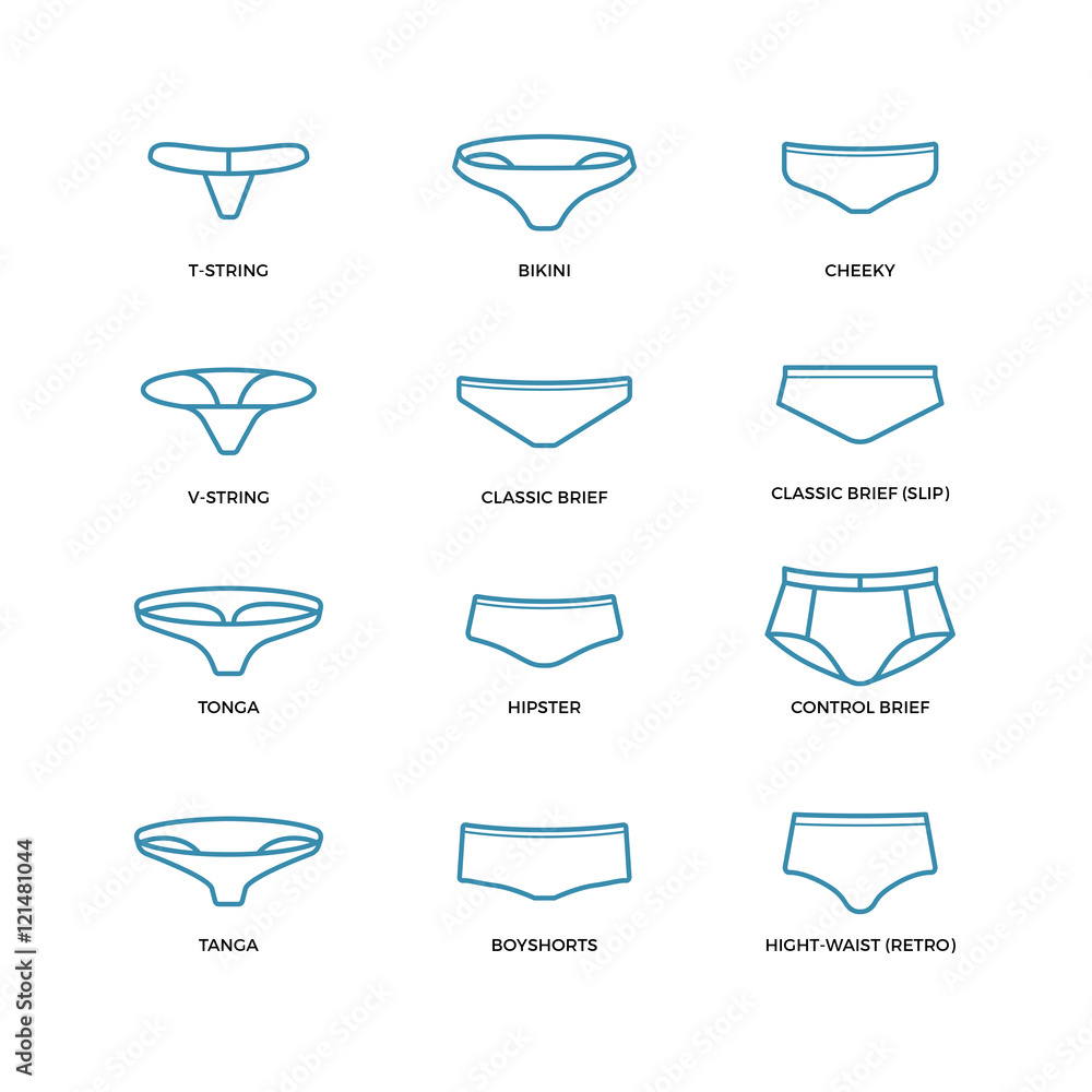 Female underwear, panties, bikini different types in thin line vector style  Векторный объект Stock