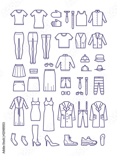 Female and male casual clothes, garment outline vector icons