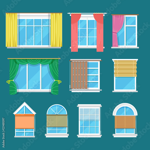 Flat vector window with curtains, drapery, shades blinds