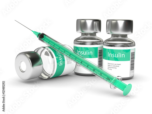 3d rendering of insulin vials and syringe isolated over white photo