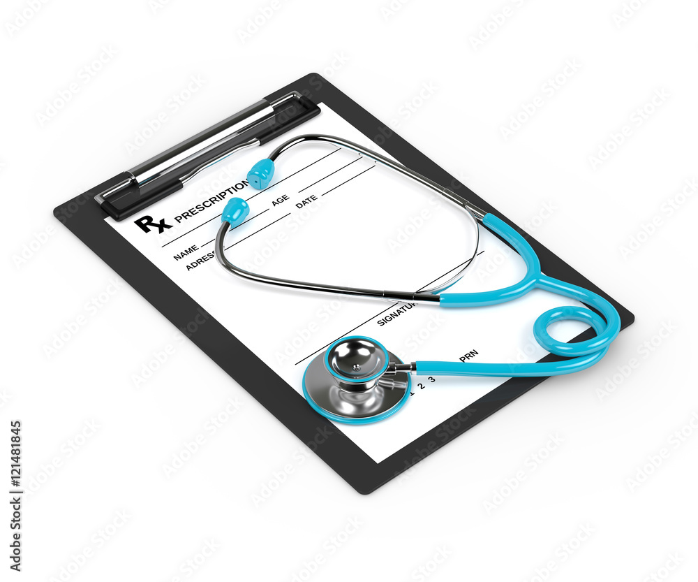 3d rendering of rx prescription and stethoscope over white 3d rendering of rx prescription and stethoscope over white