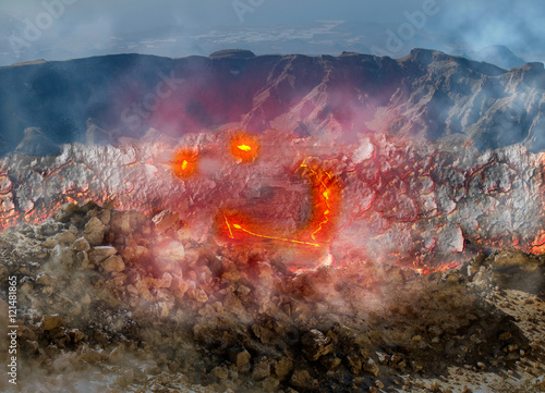 Composition about smiling Hawaiian Kilauea volcano that looks like eyes and a smile seen from above its crater. Located in Big Island, Hawaii, United States. A restless volcano in business since 1983.