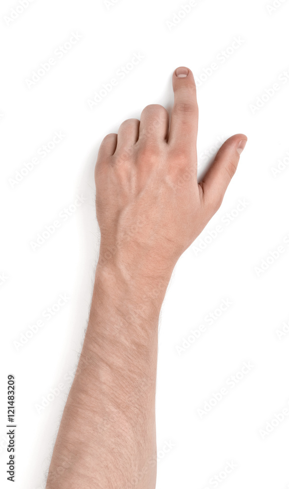 Close up view of a man's hand touching something with his forefinger isolated on white background Close up view of a man's hand touching something with his forefinger isolated on white background