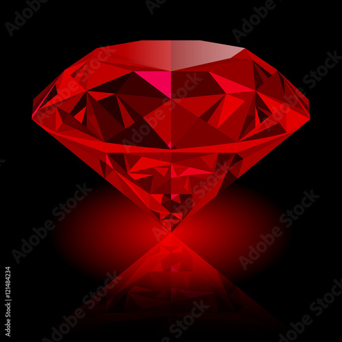 Realistic red ruby with reflection and red glow isolated on black background. Shining red jewel, colorful gemstone. Can be used as part of logo, icon, web decor or other design.