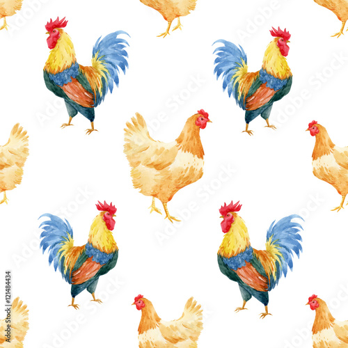 Watercolor cock rooster pattern