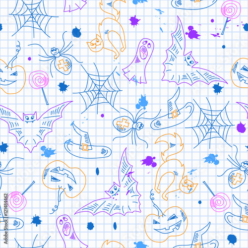 Seamless pattern for Halloween, simple contour drawings and blots on the page in a cell, the imitation of children's drawings
