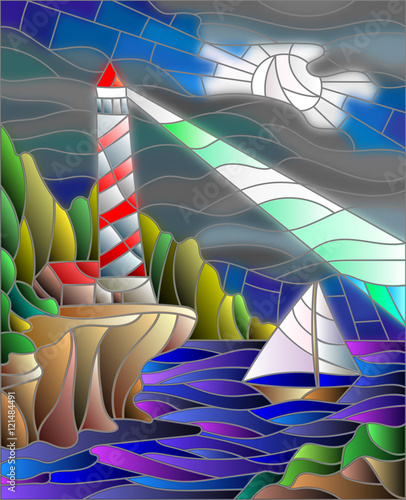Illustration in stained glass style with the seascape, lighthouse and sailboat on the background of the night sky and the sea