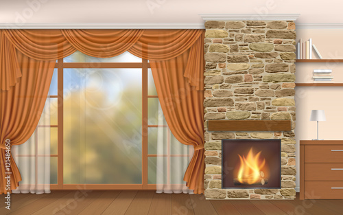 Living room interior with fireplace of stone and autumn scenery outside the window.