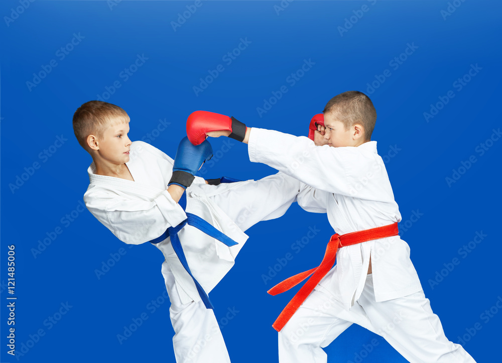 Two karateka are hitting punches and kicks Two karateka are hitting punches and kicks