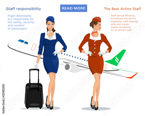 Flight attendants vector concept for web banner: stewardess in blue uniform with suitcase, stewardess in red suit and flying plane on background. Beautiful young women. Vector illustration.